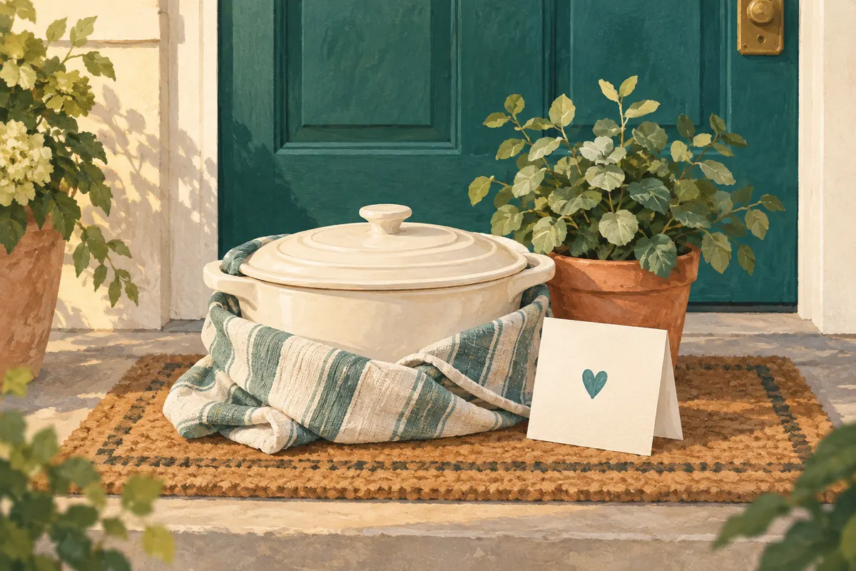 Illustration of a meal, a plant, and a card left on a doorstep as a gesture of care.